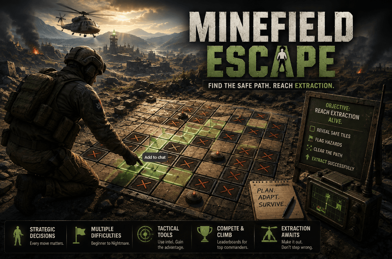 Promotional artwork for Minefield Escape showing a soldier navigating a dangerous minefield toward extraction using tactical planning and safe route discovery.