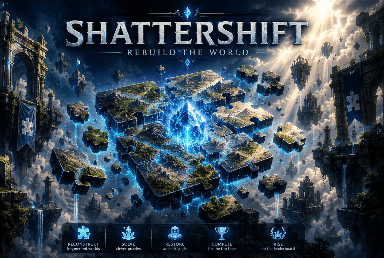 Promotional artwork for ShatterShift showing a fractured floating world rebuilding itself around a brilliant blue crystal core.