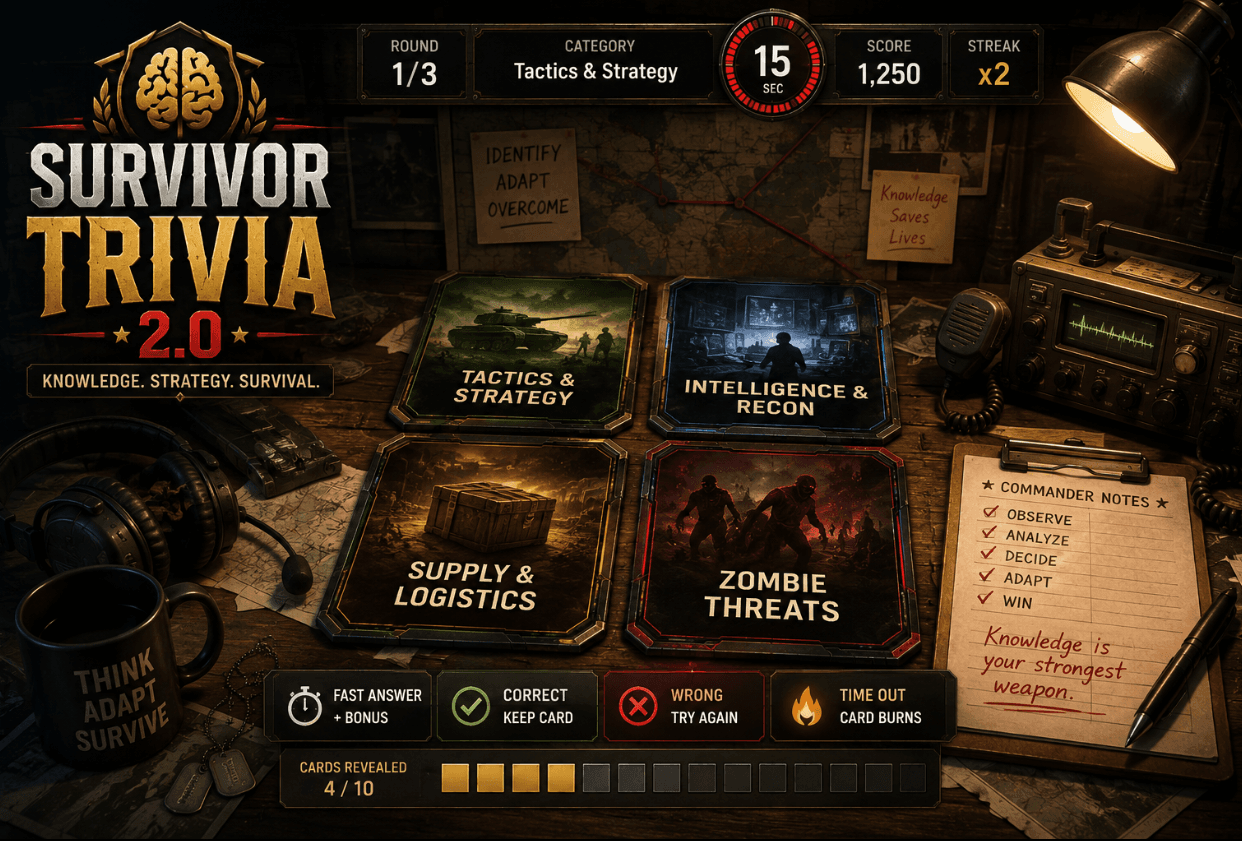 Promotional artwork for Survivor Trivia 2.0 showing the tactical war-room trivia interface with category cards, timer, and command center atmosphere.