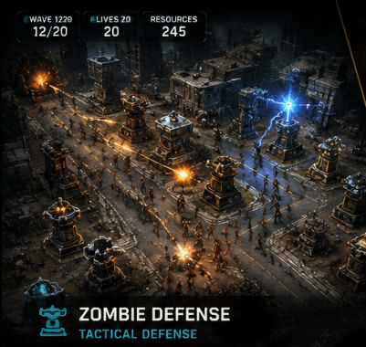 Gameplay from Zombie Defense showing three converging roads, defensive tower pads, and the battlefield before an infected assault.