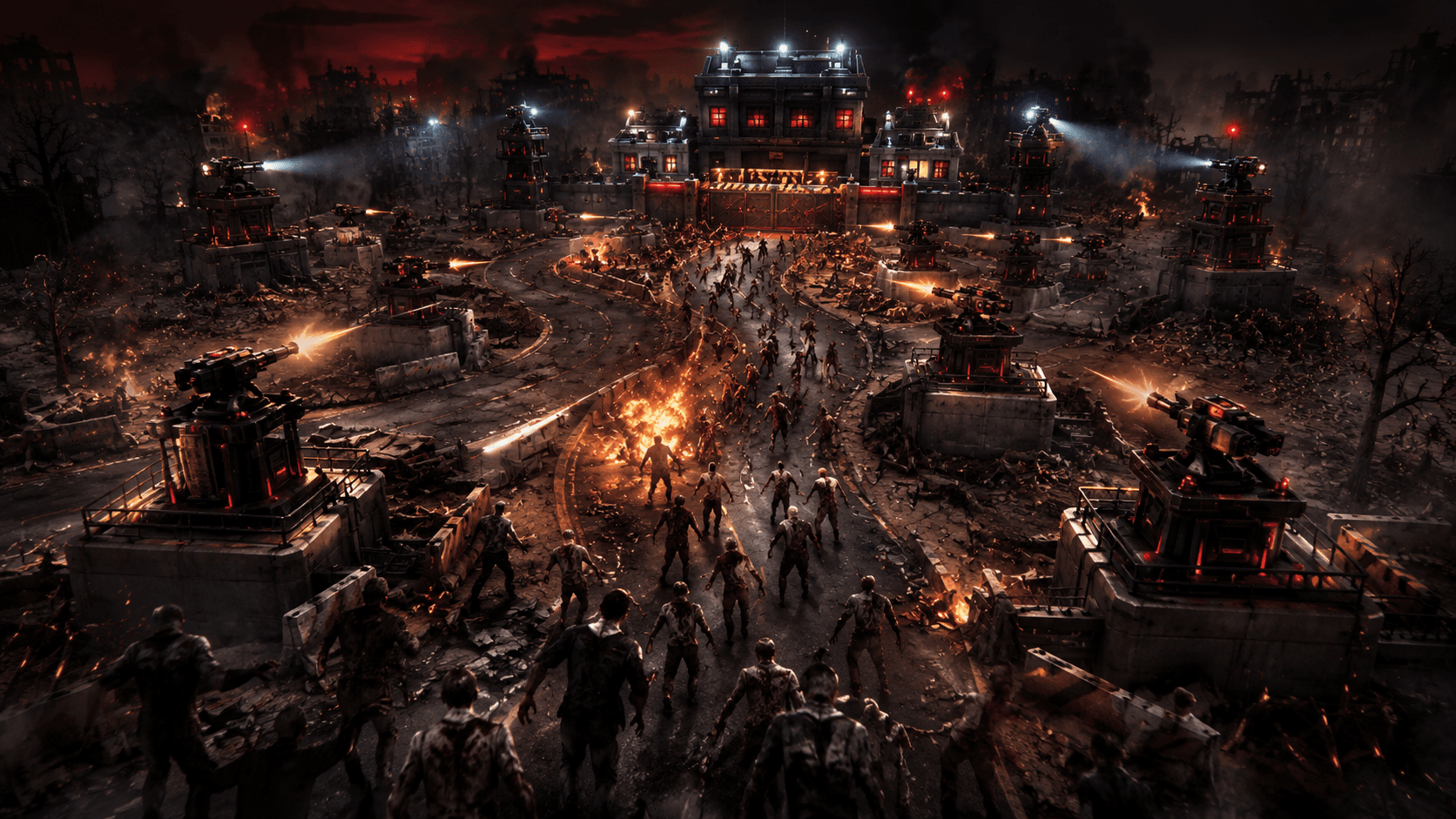 Zombie Defense promotional artwork showing defensive towers holding back an infected assault on a fortified city.