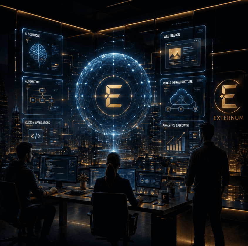 Illustrative Externum artwork connecting web design, AI, applications, and cloud infrastructure