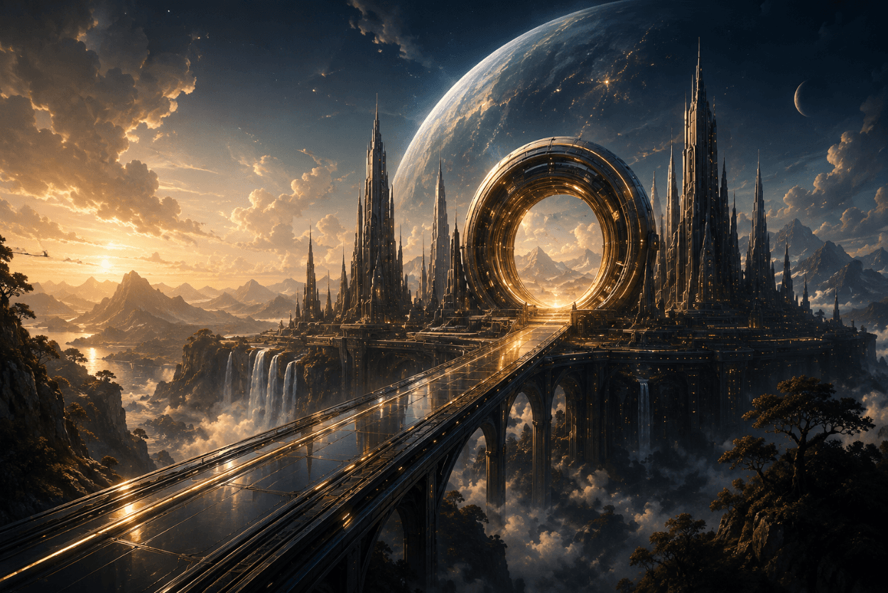 Illustrative Externum artwork of a bridge leading toward a luminous gateway