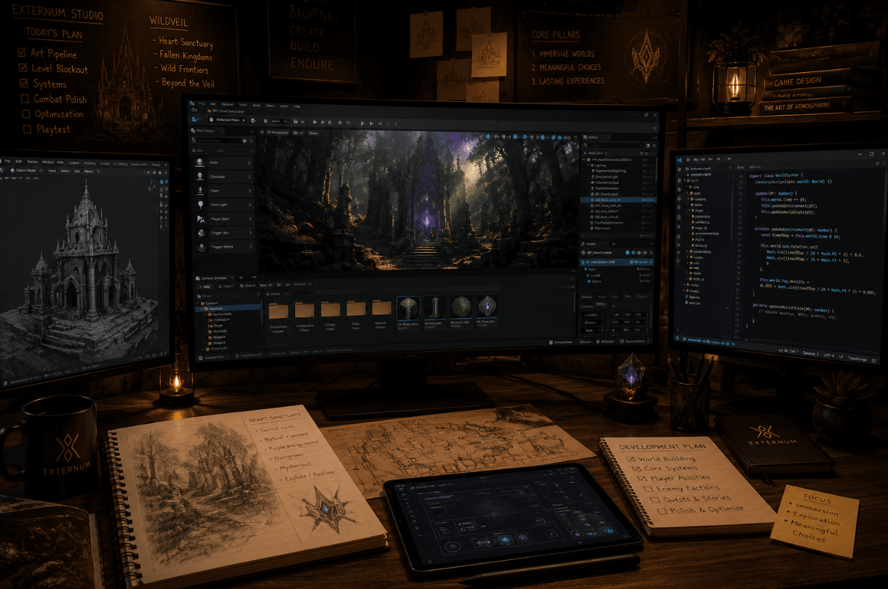 Cinematic game development workstation showing Wildveil development, Blender, and programming tools.