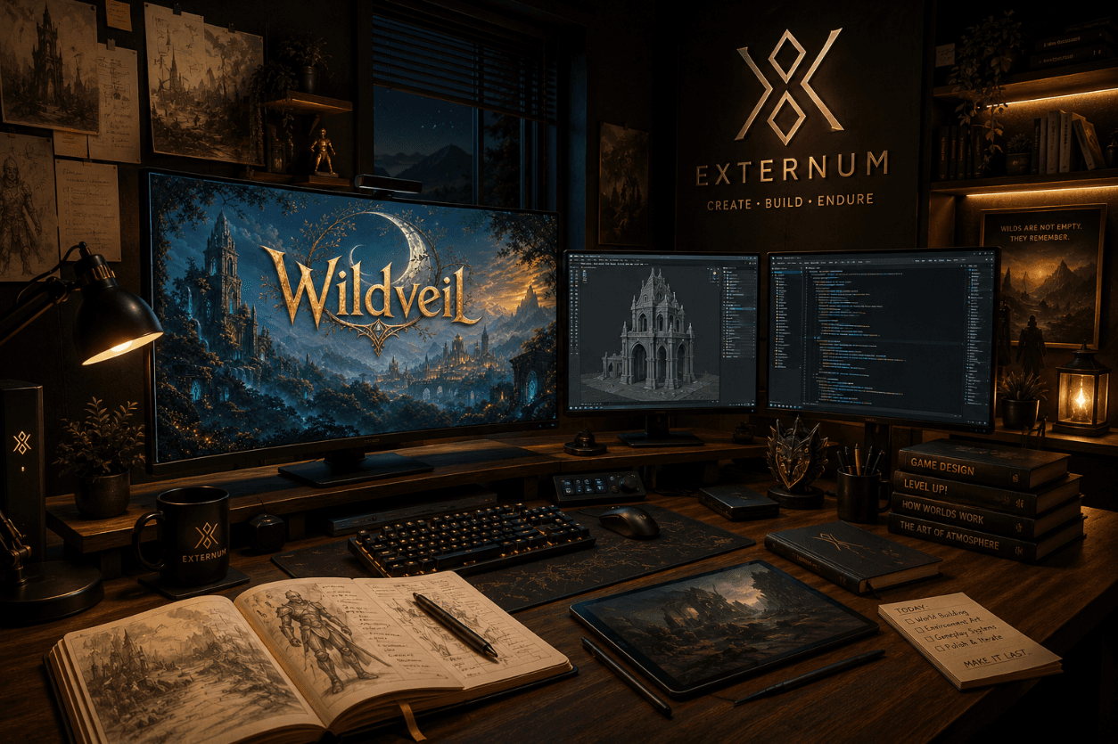 Cinematic Externum development studio featuring Wildveil, game development tools, and a premium workspace.