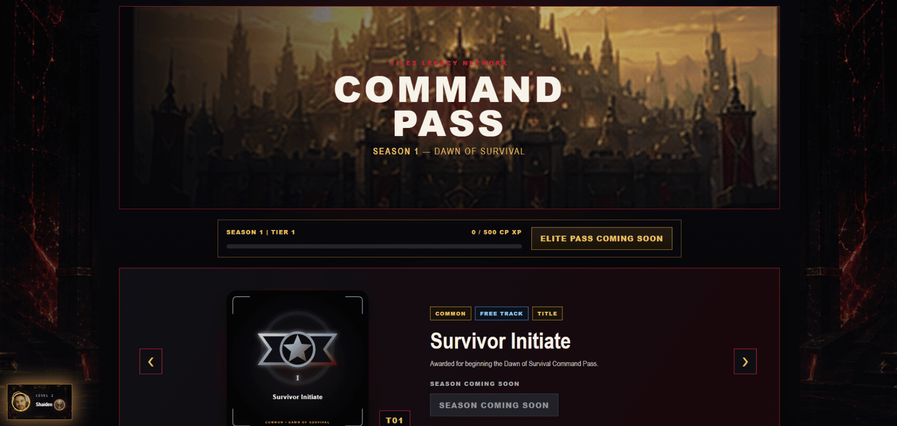 The Tiles Legacy Command Pass showing seasonal progression, rewards, and milestones.
