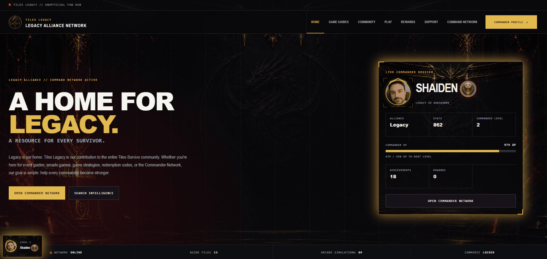 The Tiles Legacy Commander Portal showing the commander's profile, progression, achievements, and identity.