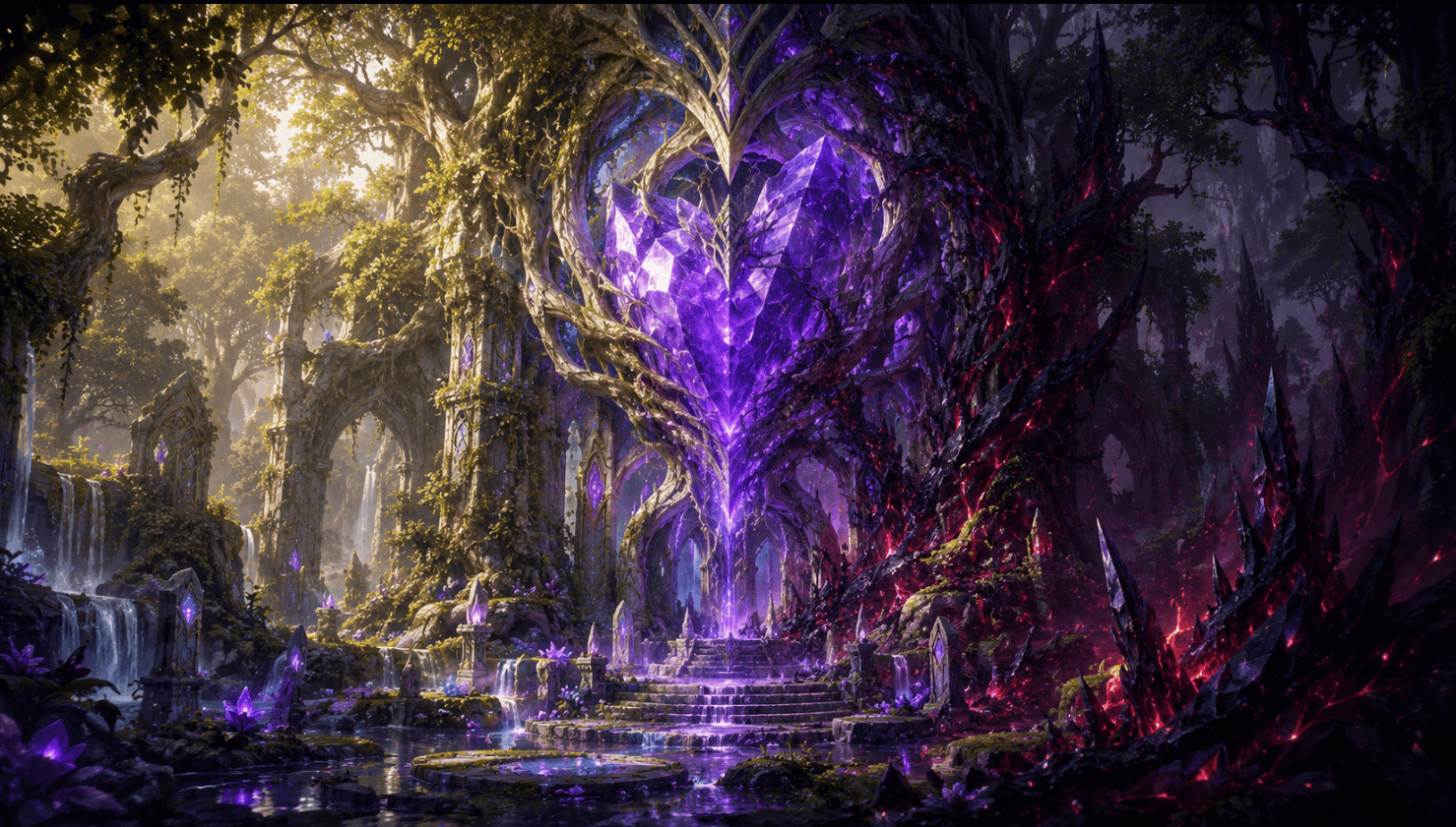 The Heart Sanctuary of Wildveil, an ancient living sanctuary built around a massive violet crystal heart, partially consumed by black crystal corruption.