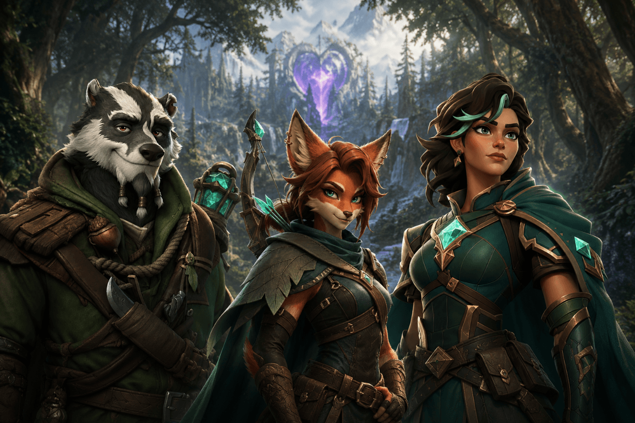 Three adventurers from Wildveil standing together in an ancient forest: a wise badger ranger, a fox archer, and a human guardian.