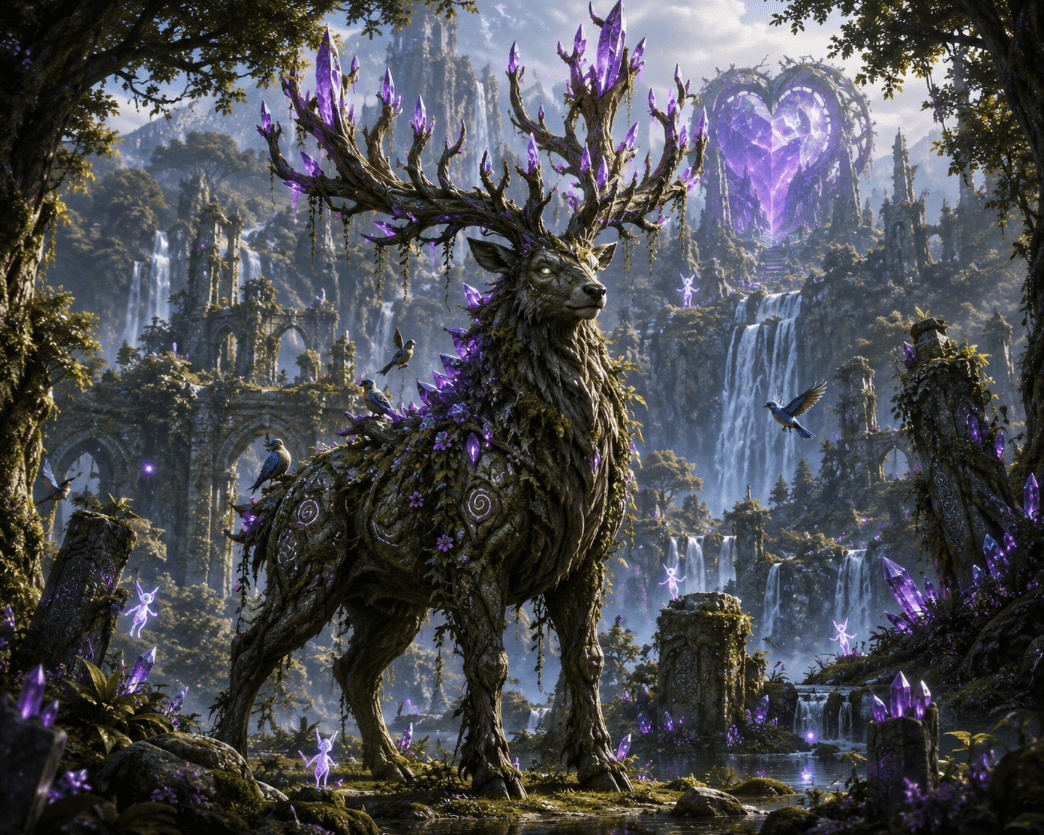 An ancient Forest Guardian of Wildveil, a majestic stag-like protector formed from bark, moss, vines, and glowing violet crystal antlers.
