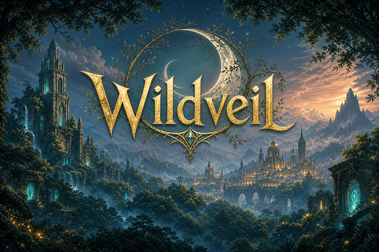 Wildveil key artwork showing a moonlit fantasy kingdom framed by ancient forests