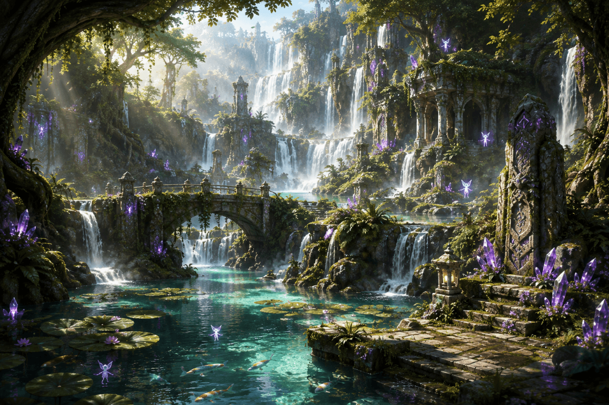 The Whispering Falls, an untouched sanctuary of cascading waterfalls, crystal-clear pools, ancient ruins, and glowing violet crystal formations deep within Wildveil.
