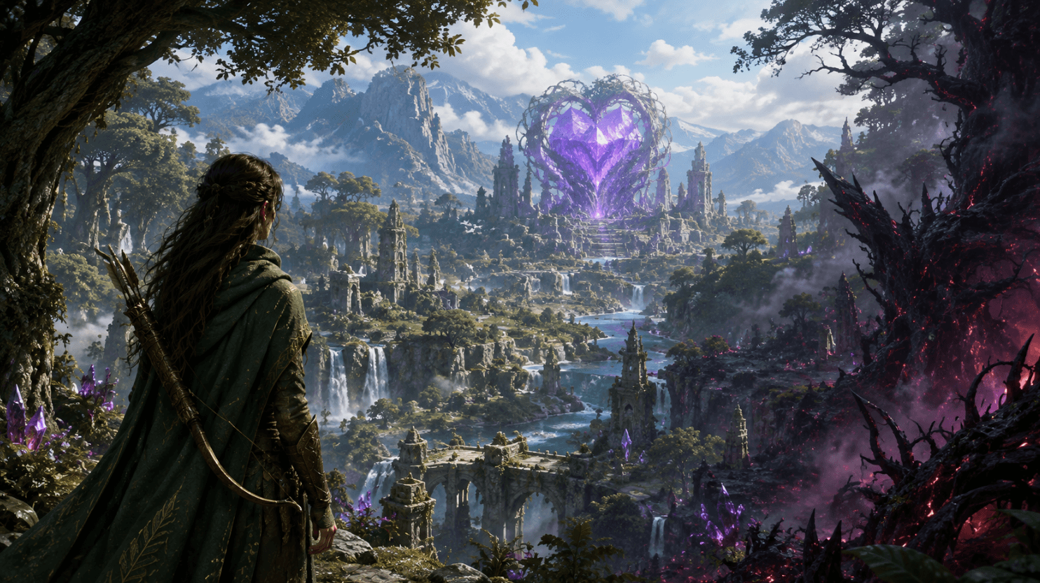 A panoramic view across the Wildveil valley toward the distant Heart Sanctuary, with ancient ruins, waterfalls, and corruption spreading across one edge of the world.